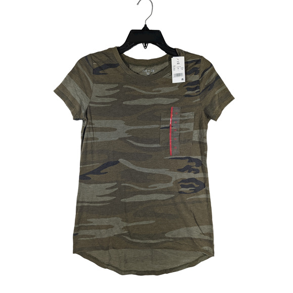 Zoe Liv Camo Print Tshirt XS Green Short Sleeve Hi Low Hem Crew Layer Camouflage - Picture 7 of 8